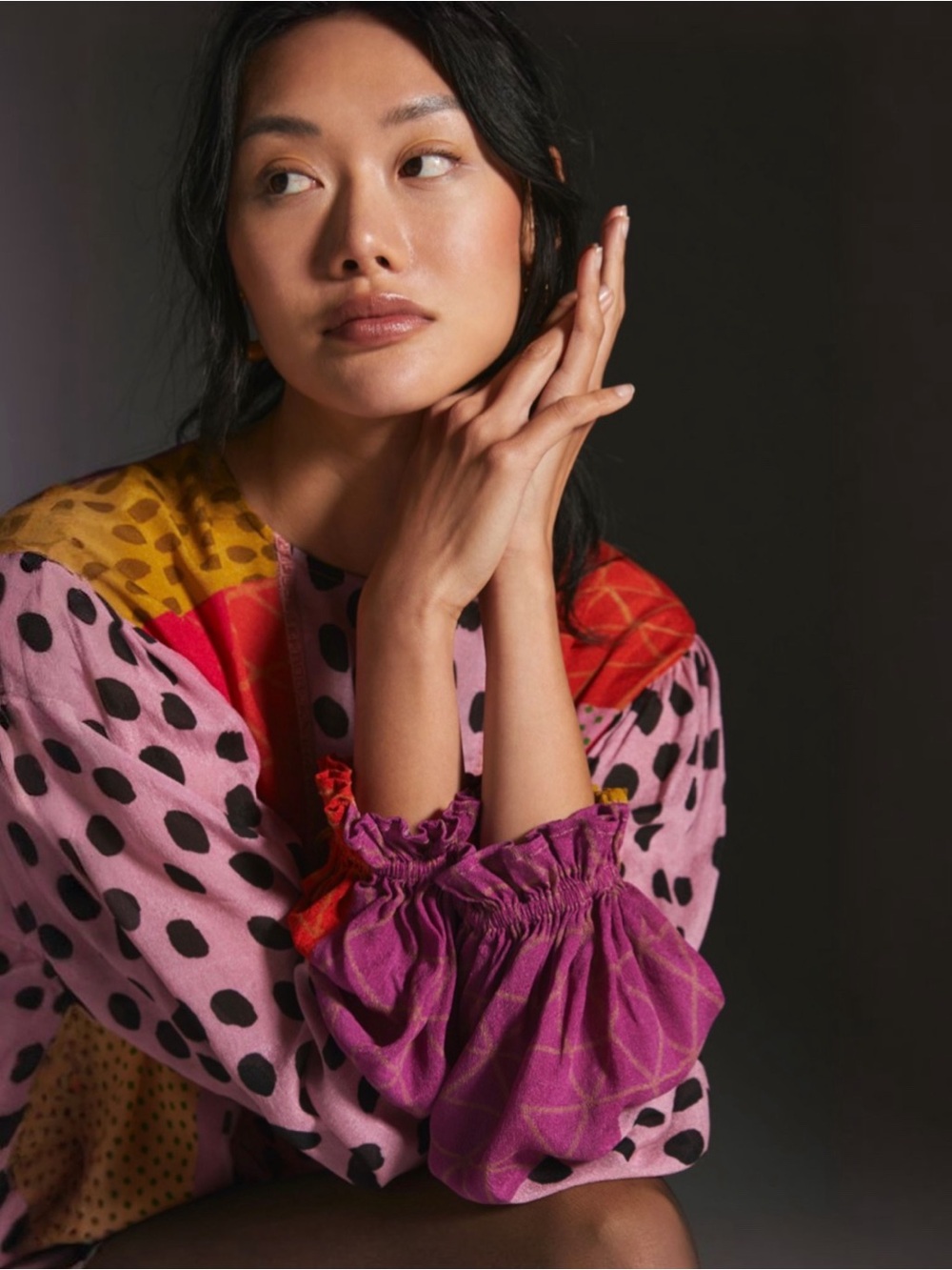 Anthropologie BL-NK Eclectic Pink Patchwork Peasant Blouse Petite Boho Top NWT - Picture 2 of 7